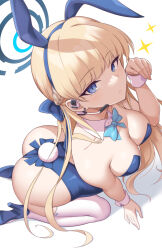 Rule 34 | 1girl, ass, bare shoulders, blonde hair, blue archive, blue eyes, breasts, from behind, highres, kandata nijou, kneeling, leotard, long hair, looking at viewer, medium breasts, playboy bunny, rabbit ears, rabbit tail, solo, thighhighs, toki (blue archive), toki (bunny) (blue archive), twintails, very long hair