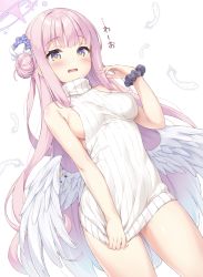 Rule 34 | 1girl, angel wings, bare arms, bare shoulders, blue archive, blue hair, blunt bangs, blush, breasts, commentary, feathers, gradient hair, hair bun, hair ornament, halo, highres, long hair, looking at viewer, low wings, medium breasts, mika (blue archive), multicolored hair, one-piece swimsuit, open mouth, pink hair, purple eyes, ribbed sweater, scrunchie, sideboob, simple background, single side bun, sleeveless, sleeveless sweater, sleeveless turtleneck, solo, sweater, swimsuit, thighs, turtleneck, turtleneck sweater, very long hair, white background, white one-piece swimsuit, white sweater, wings, wrist scrunchie, yamasan