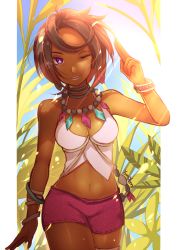 Rule 34 | 1girl, ;), armband, bare arms, bare shoulders, breasts, brown hair, camisole, cleavage, cowboy shot, creatures (company), dark-skinned female, dark skin, earrings, elite four, game freak, highres, island kahuna, jewelry, lipstick, looking at viewer, makeup, medium breasts, midriff, navel, necklace, nintendo, olivia (pokemon), one eye closed, outdoors, plant, pokemon, pokemon sm, purple eyes, short hair, shorts, smile, solo, sunlight, wink, yumyum
