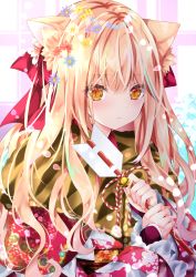 Rule 34 | 1girl, animal ear fluff, animal ears, arrow (projectile), bell, blonde hair, blue flower, blush, brown eyes, cat ears, closed mouth, commentary request, floral print, flower, hair between eyes, hair flower, hair ornament, hamaya, highres, holding, holding arrow, japanese clothes, jingle bell, kimono, long hair, long sleeves, looking at viewer, nanase kureha, nanase nao, original, print kimono, purple flower, red flower, red kimono, sleeves past wrists, solo, white flower, yellow flower