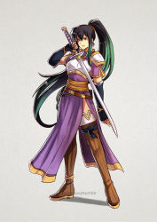 Rule 34 | 1girl, ayra (fire emblem), dress, fire emblem, fire emblem: genealogy of the holy war, fire emblem: the blazing blade, fire emblem heroes, fusion, green background, green eyes, holding, holding sword, holding weapon, long hair, looking at viewer, lyn (fire emblem), multicolored hair, nintendo, ponytail, simple background, smile, solo, sword, two-tone hair, warrior, weapon