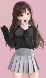 Rule 34 | 1girl, absurdres, arm up, black shirt, blush, brown hair, closed mouth, grey skirt, hands up, highres, holding, holding phone, long hair, long sleeves, looking at viewer, original, phone, pink background, pleated skirt, red eyes, shirt, simple background, skirt, smile, solo, standing, ttusee5