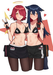 Rule 34 | 2girls, :d, absurdres, animal ear fluff, animal ears, arknights, artist request, asymmetrical docking, bad id, bad pixiv id, bare shoulders, bikini, bikini top only, black bikini, black gloves, black hair, black legwear, black shorts, black skirt, blush, breast press, breasts, brown eyes, chinese commentary, collarbone, commentary request, cowboy shot, cropped legs, earrings, exusiai (arknights), fingerless gloves, gloves, hair over one eye, halo, hand up, hanenosaki, heart, highres, jewelry, looking at viewer, looking to the side, medium breasts, miniskirt, multiple girls, navel, open mouth, pantyhose, pencil skirt, pouch, red hair, scar, short hair, short shorts, shorts, simple background, skirt, smile, spade (shape), standing, stomach, swimsuit, tail, tattoo, texas (arknights), thighs, v, white background, wolf ears, wolf tail, yellow eyes