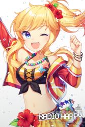 Rule 34 | 1girl, arm up, blonde hair, blue eyes, blurry, bracelet, character name, commentary request, depth of field, flower, hair flower, hair ornament, happy birthday, highres, idolmaster, idolmaster cinderella girls, idolmaster cinderella girls starlight stage, jacket, jenevan, jewelry, long hair, midriff, navel, necklace, ohtsuki yui, one eye closed, open clothes, open jacket, open mouth, smile, solo, teeth, upper body, water, wavy hair
