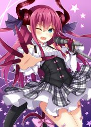 Rule 34 | 10s, 1girl, ;d, alternate costume, bare shoulders, blue eyes, blush, breasts, checkered clothes, checkered skirt, claws, demon tail, detached sleeves, elizabeth bathory (fate), elizabeth bathory (fate/extra ccc), elizabeth bathory (second ascension) (fate), fang, fate/extra, fate/extra ccc, fate (series), frills, hair between eyes, hair ornament, hair ribbon, holding, holding microphone, horns, komori kuzuyu, long hair, looking at viewer, microphone, one eye closed, open mouth, pink hair, pink ribbon, pointy ears, ribbon, rojiura satsuki : chapter heroine sanctuary, skirt, small breasts, smile, solo, star (symbol), tail, tail ornament, tail ribbon, thighs, two side up