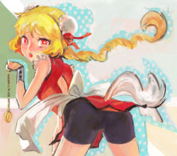 Rule 34 | 1girl, :o, ass, bad id, bad pixiv id, bent over, bike shorts, blonde hair, braid, bun cover, double bun, long hair, looking back, nababa, open mouth, original, pocket watch, red eyes, single braid, solo, tail, watch