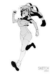 Rule 34 | 1girl, absurdres, battle athletes, crop top, dated, full body, greyscale, gym uniform, highres, kanzaki akari, long hair, low-tied long hair, monochrome, open mouth, running, shoes, smile, sneakers, solo, xiaobang