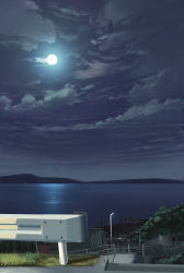Rule 34 | absurdres, bad id, bad pixiv id, cloud, dock, fence, full moon, gingham vest, grass, highres, lamppost, landscape, moon, night, night sky, no humans, original, outdoors, railing, scenery, sky, stairs, water