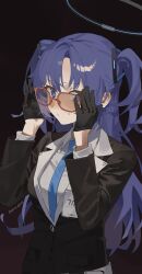 Rule 34 | 1girl, bespectacled, black gloves, blue archive, blue necktie, blush, breasts, closed mouth, collared shirt, glasses, gloves, halo, highres, long hair, looking at viewer, mads ez, mechanical halo, medium breasts, necktie, purple eyes, purple hair, red-framed eyewear, shirt, solo, twitter username, two side up, upper body, white shirt, yuuka (blue archive)