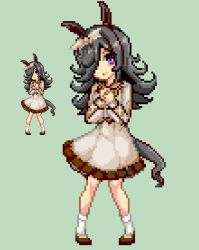 Rule 34 | 1girl, animal ears, black hair, blush, brown dress, brown footwear, closed mouth, commentary request, dress, frilled dress, frills, green background, hair over one eye, hands up, head tilt, horse ears, horse girl, horse tail, keykey117117, long hair, long sleeves, looking at viewer, lowres, own hands together, pixel art, purple eyes, rice shower (umamusume), shoes, simple background, socks, solo, tail, umamusume, white socks, zoom layer