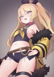 Rule 34 | + +, 1girl, absurdres, artist request, azur lane, bache (azur lane), bare shoulders, black sailor collar, blonde hair, blush, breasts, collar, crop top, fang, fur-trimmed jacket, fur trim, hat, highres, jacket, long hair, long sleeves, looking at viewer, micro shorts, midriff, navel, neckerchief, off shoulder, open clothes, open jacket, open mouth, pink collar, purple eyes, sailor collar, shorts, small breasts, smile, two side up, yellow jacket, yellow neckerchief