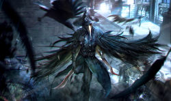 Rule 34 | 1girl, bird, black cloak, black coat, black feathers, black hat, black pants, blood, bloodborne, bloody weapon, blurry, blurry foreground, cloak, coat, crow, dual wielding, eileen the crow, falling feathers, feathers, feet out of frame, flying, hat, holding, holding sword, holding weapon, jewelry, long coat, looking at viewer, mask, outdoors, pants, pendant, plague doctor mask, red eyes, sangrde, short sword, solo, sword, walking, weapon