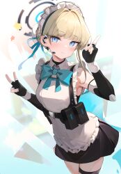 Rule 34 | 1girl, apron, aqua bow, aqua bowtie, armpit peek, black gloves, black skirt, blonde hair, blue archive, blue eyes, bow, bowtie, breasts, closed mouth, collared apron, cowboy shot, darudana, double v, elbow gloves, expressionless, fanny pack, fingerless gloves, frilled apron, frills, gloves, highres, looking at viewer, maid, maid apron, maid headdress, medium breasts, multicolored background, short hair, single sidelock, skirt, solo, standing, star (symbol), toki (blue archive), v, white apron