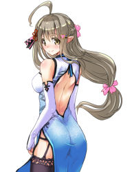Rule 34 | 1girl, ahoge, ass, backless outfit, bare shoulders, black thighhighs, blush, braid, breasts, brown eyes, brown hair, china dress, chinese clothes, cowboy shot, dress, elbow gloves, female focus, from behind, garter straps, gloves, hair ornament, hirowa nagi, indie virtual youtuber, kusunoki shio, long hair, looking at viewer, looking back, medium breasts, pointy ears, simple background, smile, solo, thighhighs, thighs, virtual youtuber, white background, white gloves