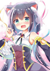 Rule 34 | 1girl, animal ear fluff, animal ears, bare shoulders, black hair, black sleeves, blush, bow, breasts, brooch, cat ears, collared shirt, commentary request, detached sleeves, green eyes, hair between eyes, hair bow, jewelry, karyl (princess connect!), kuriyuzu kuryuu, long hair, long sleeves, low twintails, medium breasts, multicolored hair, open mouth, princess connect!, purple skirt, red bow, shirt, skirt, sleeveless, sleeveless shirt, solo, streaked hair, streamers, twintails, upper body, very long hair, wavy mouth, white hair, white shirt, wide sleeves