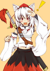 Rule 34 | !, 1girl, animal ears, bare shoulders, blush, breasts, bridal gauntlets, detached sleeves, fang, hat, inubashiri momiji, kuroneko (kuroi-neko), looking at viewer, midriff, navel, open mouth, orange background, pom pom (clothes), red eyes, ribbon-trimmed sleeves, ribbon trim, short hair, silver hair, simple background, solo, sword, tail, tokin hat, touhou, weapon, wolf ears, wolf tail