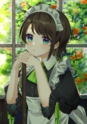 Rule 34 | 1girl, :o, alternate costume, aqua eyes, black dress, blush, brown hair, character name, dress, enmaided, flower, gezerun, green ribbon, highres, hololive, indoors, long sleeves, looking at viewer, maid, maid headdress, neck ribbon, oozora subaru, own hands together, parted lips, red flower, red rose, ribbon, rose, rose bush, short hair, solo, swept bangs, upper body, virtual youtuber, window