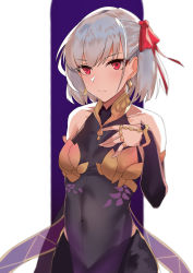 Rule 34 | 1girl, absurdres, bad id, bad pixiv id, blush, breasts, closed mouth, collar, dress, earrings, fate/grand order, fate (series), hair ribbon, highres, jewelry, kama (fate), kama (first ascension) (fate), looking at viewer, metal collar, musicatopos, purple dress, purple skirt, purple sleeves, red ribbon, ribbon, ring, short hair, silver hair, skirt, small breasts, solo
