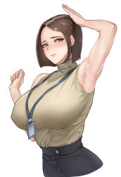 Rule 34 | 1girl, absurdres, arm up, armpits, beige shirt, black skirt, blush, breasts, brown eyes, fle en, hair behind ear, hand on own head, high-waist skirt, highres, id card, lanyard, large breasts, looking to the side, office lady, original, parted bangs, short hair, simple background, skirt, sleeveless, sweater, turtleneck, turtleneck sweater, upper body, white background