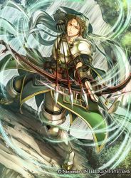 Rule 34 | 1boy, armor, armored boots, arrow (projectile), bandana, boots, bow (weapon), brown hair, company name, drawing bow, facial mark, fire emblem, fire emblem: genealogy of the holy war, fire emblem cipher, forehead mark, gloves, holding bow (weapon), jamke (fire emblem), leaf, male focus, nintendo, official art, orange eyes, solo, takaya tomohide, water, waterfall, weapon