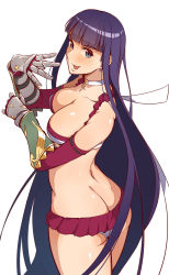 Rule 34 | 1girl, ass, bare shoulders, bikini, blue eyes, blunt bangs, blush, breasts, butt crack, choker, cleavage, cross, cross necklace, earrings, elbow gloves, fate/grand order, fate (series), frilled bikini, frills, gauntlets, gloves, highres, hip focus, jewelry, large breasts, long hair, looking at viewer, looking to the side, martha (fate), martha (swimsuit ruler) (fate), martha (swimsuit ruler) (third ascension) (fate), miniskirt, navel, necklace, purple hair, red gloves, simple background, skirt, smile, solo, straight hair, swimsuit, tokiwa midori (kyokutou funamushi), tongue, tongue out, white background