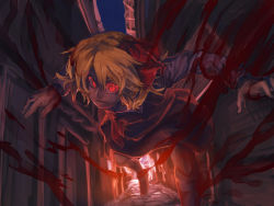 Rule 34 | 1girl, alley, ascot, backlighting, black dress, blonde hair, dress, glowing, glowing eyes, hair ribbon, highres, long sleeves, melon22, open mouth, outstretched arms, red eyes, ribbon, rumia, running, short hair, smile, solo, spread arms, touhou, vest