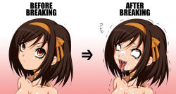 Rule 34 | 1girl, after rape, ahegao, before and after, choker, collar, comparison, cum, decent and indecent, facial, fucked silly, gradient background, hard-translated, instant loss, kido keiji, open mouth, ribbon, rolling eyes, simple background, suzumiya haruhi, suzumiya haruhi no yuuutsu, text focus, third-party edit, tongue, tongue out, translated, yellow eyes