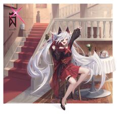 Rule 34 | 1girl, bare legs, chair, cryturtle, cup, desk, djmax, dress, drinking glass, english text, fail (djmax), flower, full body, high heels, highres, legband, red dress, sitting, solo, stairs, twitter, white hair, wine glass