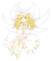 Rule 34 | 1girl, :d, barefoot, dress, drill hair, fairy, fairy wings, hat, highres, long hair, long sleeves, luna child, mob cap, moon phases, moon print, nonamejd, official style, open mouth, roman numeral, simple background, smile, solo, touhou, white background, white dress, white hat, white wings, wings, zun (style)