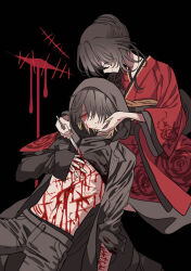 Rule 34 | 1boy, 1girl, bad id, bad pixiv id, black background, black coat, black pants, black shirt, bleeding, blonde hair, blood, bloody tears, brown hair, closed eyes, closed mouth, clothes lift, coat, cuts, cutting, dual persona, floral print kimono, genderswap, genderswap (mtf), hair over one eye, hand on another&#039;s face, holding, holding knife, hood, hood up, injury, japanese clothes, kimono, knife, leaning on person, long sleeves, lying, maya (slow damage), meremero, mother and son, multicolored hair, on back, pants, red kimono, shirt, shirt lift, short hair, sitting, slow damage, towa (slow damage)