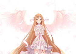 Rule 34 | 1girl, :d, absurdres, armor, asuna (stacia), blush, breastplate, brown eyes, brown hair, cowboy shot, detached collar, dress, echiru39, falling feathers, feathered wings, feathers, floating hair, hair between eyes, hair ornament, highres, long hair, looking at viewer, off-shoulder dress, off shoulder, open mouth, short dress, simple background, smile, solo, standing, sword art online, thighhighs, thighs, very long hair, waist cape, white armor, white background, white dress, white feathers, white thighhighs, white wings, wings, zettai ryouiki