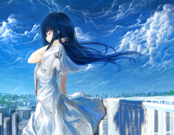 Rule 34 | 1girl, blue hair, blue sky, capelet, cityscape, closed eyes, cloud, cloudy sky, commentary request, cowboy shot, dated commentary, day, floating hair, from side, hand in own hair, long hair, momokumo, necktie, open mouth, outdoors, railing, red necktie, rooftop, school uniform, shadow, shirt, skirt, sky, sky focus, solo, standing, subarashiki hibi, takashima zakuro, white capelet, white shirt, white skirt