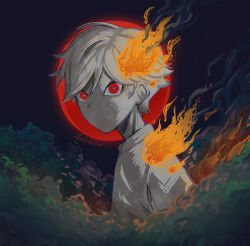 Rule 34 | 1boy, colored skin, fire, grey shirt, highres, looking at viewer, lummiine, male focus, no mouth, original, red circle, shirt, smoke, solo, upper body