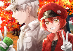 Rule 34 | 1boy, 1girl, ae-3803, autumn, autumn leaves, baseball cap, black eyes, black shirt, breast pocket, cabbie hat, close-up, clothes writing, collared shirt, commentary request, couple, cup, drink, empty eyes, gloves, grass, green tea, grin, hair between eyes, hat, hataraku saibou, height difference, highres, holding, holding cup, holding drink, jacket, leaf, looking at viewer, looking to the side, loose hair strand, maple leaf, n yukiura, open clothes, open jacket, outdoors, pale skin, pocket, red blood cell (hataraku saibou), red headwear, red jacket, shirt, short hair, sky, smile, t-shirt, tea, tree, u-1146, uniform, v, white blood cell (hataraku saibou), white gloves, white hair, white headwear, white shirt, white sky, yellow eyes