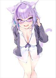 Rule 34 | 1girl, ahoge, animal ear fluff, animal ears, blue hair, breasts, cat ears, cat girl, cat tail, cleavage, colored inner hair, glasses, highres, hololive, jacket, large breasts, looking at viewer, medium hair, multicolored hair, naked shirt, nekomata okayu, nekomata okayu (oversized shirt), official alternate costume, open mouth, purple-framed eyewear, purple eyes, purple hair, purple jacket, purple ribbon, ribbon, shirt, smile, tail, teeth, tohma jin, upper teeth only, virtual youtuber, white shirt