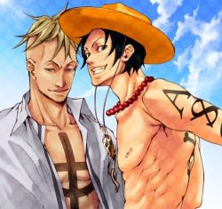 Rule 34 | 2boys, black hair, blonde hair, blue sky, freckles, grin, hat, jolly roger, lowres, male focus, marco (one piece), multiple boys, muscular, one piece, open clothes, open shirt, outdoors, portgas d. ace, shirt, sky, smile, tattoo, topless male