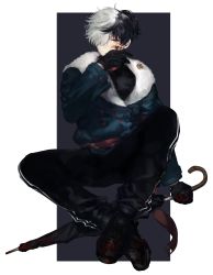 Rule 34 | 1boy, absurdres, bandaid, bandaid on face, black footwear, black gloves, black hair, blood, blood on clothes, blood on face, blue jacket, border, fur-trimmed jacket, fur trim, gloves, hair over one eye, highres, holding, holding umbrella, jacket, kkxmxx, male focus, multicolored hair, open mouth, original, pants, solo, sweatpants, umbrella, white border, white hair, wiping face, yellow eyes