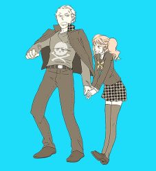 Rule 34 | 1boy, 1girl, atlus, bad id, bad pixiv id, couple, haji (dlr6a), height difference, hetero, holding, holding hands, kujikawa rise, legs, persona, persona 4, red hair, school uniform, simple background, skull, smile, tatsumi kanji, thighhighs, twintails