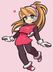 1girl blonde_hair blue_eyes blush bodysuit bodysuit_under_clothes ciel_(mega_man) gloves headgear heart helmet high_ponytail ibara. long_hair mega_man_(series) mega_man_zero_(series) pink_helmet pink_skirt pink_top ponytail skirt smile solo white_gloves