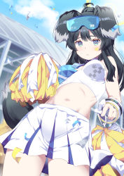 Rule 34 | 1girl, animal ears, bare shoulders, black hair, blue archive, blue sky, blush, breasts, cheerleader, cowboy shot, crop top, day, dog ears, dog girl, dog tail, eyewear on head, goggles, goggles on head, halo, hibiki (blue archive), hibiki (cheer squad) (blue archive), highres, holding, holding pom poms, long hair, looking at viewer, medium breasts, midriff, millennium cheerleader outfit (blue archive), miniskirt, navel, outdoors, pleated skirt, pom pom (cheerleading), pom poms, ponytail, skirt, sky, sleeveless, solo, sunglasses, tail, takano itsuki, white skirt