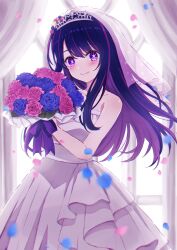 Rule 34 | 1girl, bare shoulders, blue flower, blue rose, blush, bouquet, bow, breasts, bridal veil, bride, closed mouth, collarbone, commentary request, curtains, dress, flower, hair between eyes, hair flower, hair ornament, hands up, highres, holding, holding bouquet, hoshino ai (oshi no ko), indoors, leaf, long hair, looking at viewer, medium breasts, multicolored hair, oshi no ko, petals, pink flower, pink hair, pink rose, purple bow, purple hair, rose, sarasa kouhaku, sleeveless, sleeveless dress, smile, solo, standing, star-shaped pupils, star (symbol), star hair ornament, star print, strapless, strapless dress, symbol-shaped pupils, tiara, two-tone hair, veil, wedding dress, white dress, window