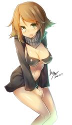 Rule 34 | 10s, 1girl, 2014, bikini, bikini top only, blush, breasts, brown hair, cleavage, cosplay, dated, green eyes, kantai collection, looking at viewer, mutsu (kancolle), o-ring, o-ring top, re-class battleship, re-class battleship (cosplay), scarf, shiny skin, short hair, simple background, solo, swimsuit, tilt-shift (azalanz), white background