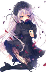 Rule 34 | 1girl, ass, blush, boots, breasts, covered erect nipples, flower, frilled skirt, frills, gothic lolita, hand up, high heels, highres, holding, kneeling, lolita fashion, long hair, long sleeves, looking at viewer, medium breasts, motion blur, pantyhose, petals, purple eyes, purple hair, ribbon, rubi-sama, silver hair, skirt, smelling flower, thighs, white background