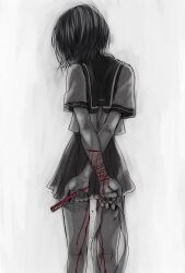 Rule 34 | 1girl, arms behind back, bleeding, blood, blood on arm, blood on leg, commentary request, crossed arms, cuts, facing away, feet out of frame, fingernails, from behind, highres, holding, holding knife, holding ribbon, injury, knife, long fingernails, medium hair, monochrome, original, pleated skirt, ribbon, sailor collar, saitou nekoichi, school uniform, self-harm, serafuku, short hair, short sleeves, skirt, solo, spot color, white background, wrist cutting