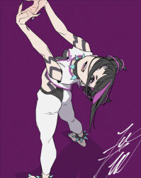 Rule 34 | 1girl, aqua nails, ass, bending backward, biting tongue, black hair, blunt bangs, bodypaint, choker, cropped arms, cropped legs, double bun, eyeliner, flexing, green eyes, hair bun, hair over one eye, han juri, highres, kobayashi gen, looking at viewer, medium hair, multicolored hair, pants, purple background, purple eyeliner, purple hair, signature, spiked anklet, spiked choker, spikes, standing, street fighter, tattoo, tight clothes, tight pants, tongue, tongue out, two-tone hair, white shrug
