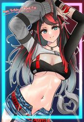 Rule 34 | 1girl, absurdres, arm strap, arms up, bad id, bad pixiv id, belt, bikini, bikini top only, black bikini, black hair, blue eyes, blue shorts, blush, breasts, closed mouth, commentary request, contrapposto, cowboy shot, dated, demon girl, demon horns, demon tail, ear piercing, fishnet top, fishnets, happy birthday, highres, horns, jewelry, large breasts, long hair, looking at viewer, loose belt, midriff, multicolored hair, nanashi inc., navel, navel piercing, necklace, neon trim, official alternate costume, open fly, piercing, pointy ears, red belt, red hair, russian text, ryugasaki rene, ryugasaki rene (2nd costume), sanada shinka, short shorts, shorts, shrug (clothing), single sleeve, smile, solo, sugar lyric, suspenders, swimsuit, tail, two-tone hair, underboob, virtual youtuber