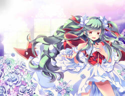 Rule 34 | 1girl, blush, bow, breasts, cleavage, commentary request, corset, cowboy shot, detached sleeves, dress, flower, frilled dress, frilled sleeves, frills, green hair, highres, holding, holding flower, large bow, lens flare, long hair, looking at viewer, medium bangs, medium breasts, official alternate costume, open mouth, pink flower, ragnarok online, red bow, red corset, red eyes, rose, siguhoi, sleeveless, sleeveless dress, smile, solo, swept bangs, teeth, two side up, upper teeth only, very long hair, wanderer (ragnarok online), white dress, white flower, white rose, white sleeves, wide sleeves, window