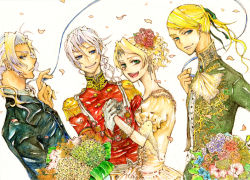 Rule 34 | 1990s (style), 1girl, 3boys, blonde hair, blue eyes, brothers, cain highwind, cecil harvey, earrings, final fantasy, final fantasy iv, flower, gloves, golbez, green eyes, hair ornament, holding hands, happy, icespoon, jewelry, long hair, military, military uniform, multiple boys, open mouth, ponytail, ribbon, rosa farrell, siblings, silver hair, tiara, uniform, white gloves