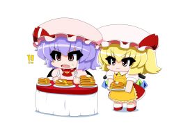 Rule 34 | &gt;:3, 2girls, :3, :o, apron, ascot, bat wings, blonde hair, blue hair, brooch, chibi, dress, fang, feeding, female focus, flandre scarlet, food, fork, hat, hat ribbon, jewelry, knife, multiple girls, open mouth, pancake, pink dress, plate, red dress, red eyes, remilia scarlet, ribbon, short hair, siblings, side ponytail, sisters, stacking, table, touhou, transparent background, v-shaped eyebrows, wings, yamato damashi