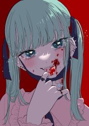 Rule 34 | 1girl, :d, bandaid, bandaid on neck, bite mark, blood, blood in mouth, blood on face, blood splatter, blue eyes, blue hair, blue ribbon, blunt bangs, blush, ear piercing, earrings, fangs, hair ribbon, hand up, hatsune miku, head tilt, heart, heart earrings, heart o-ring, highres, jewelry, kawai rou, looking at viewer, mask, mask pull, mouth mask, multiple rings, open mouth, piercing, portrait, red background, ribbon, ring, simple background, smile, solo, sparkle, stud earrings, tongue, tongue out, tongue piercing, twintails, vampire, vampire (vocaloid), vocaloid